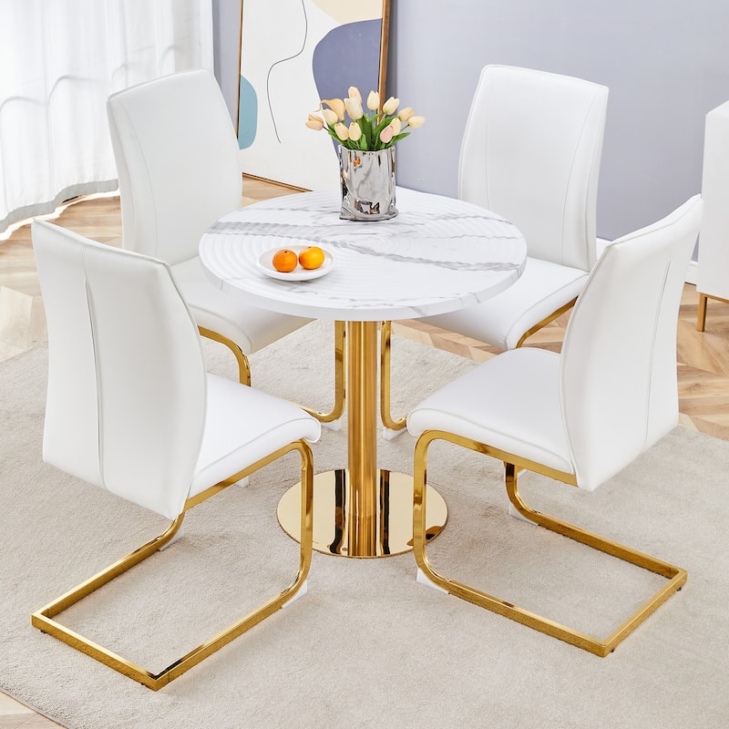 Roomfitters 5pcs Round White Marble Dining Table Set with High Resilience PU Dining Chairs - White