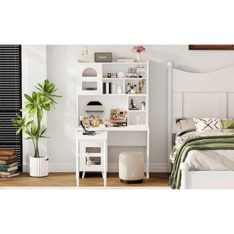 Computer Desk with 90 Degree Rotating Desktop, 43x70 Inch Office Desk with Storage Drawer and Cabinets, Desk with Shelves