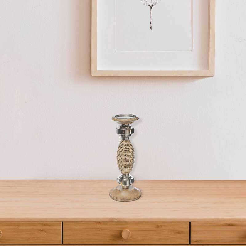 Oval Raffia Metal Pillar Candlestick 13.25"