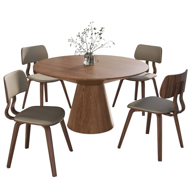 5-Piece Dining Set with 47-Inch Round Ash Wood Dining Table and 4 Leather Accent Side Chairs - Walnut/Light Brown