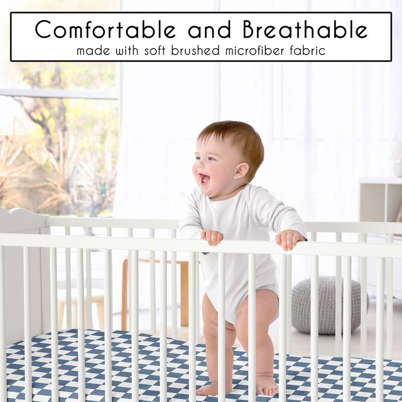 Sweet Jojo Designs Blue Gingham Checkered Plaid Boy Fitted Mini Portable Crib Sheet - Vintage, Classic, Checkerboard, Geometric