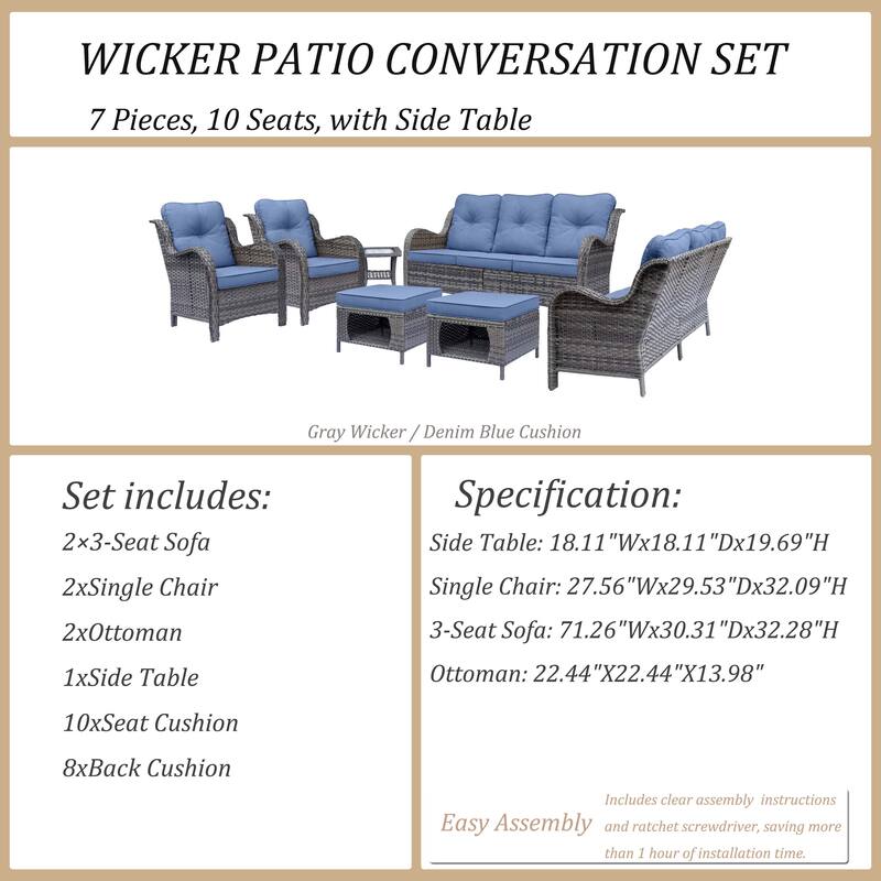 High Back Wicker 7 Piece Outdoor Patio Furniture Seating Sofa Set