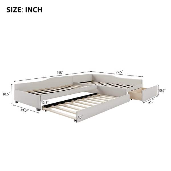 dimension image slide 2 of 3, 3-in-1 Daybed L-shape Corner Sofa Bed with Pull-out Drawer and Trundle Bed, Linen Upholstered Bed Twin Size Sleeper Couch Bed