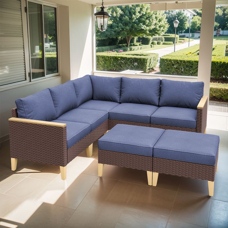 Outdoor Sectional Sofa Patio Furniture Set - Blue - Brown
