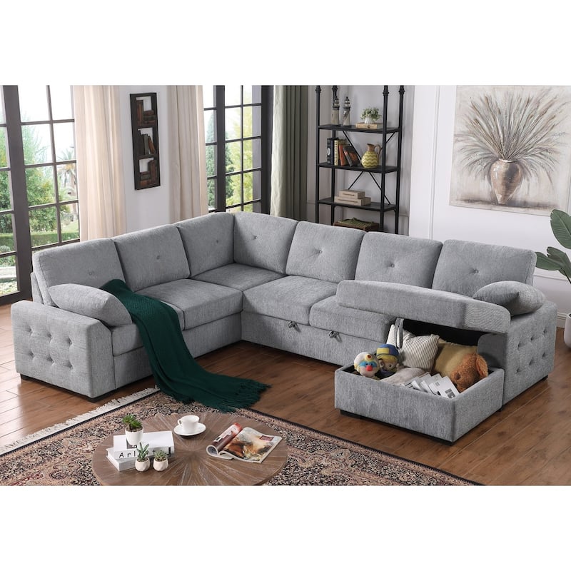 Convertible Pull-out Sectional Sofa Loveseat Sleeper with Storage and Pillows