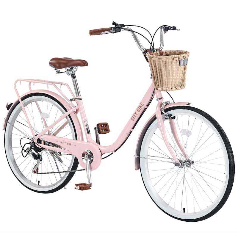 26 Inch Road Cycling Bicycle, Shimano 7 Speed City Bike with Basket and Dual V-Brake, Low Step-Thru Steel Frame for Teens - Pink