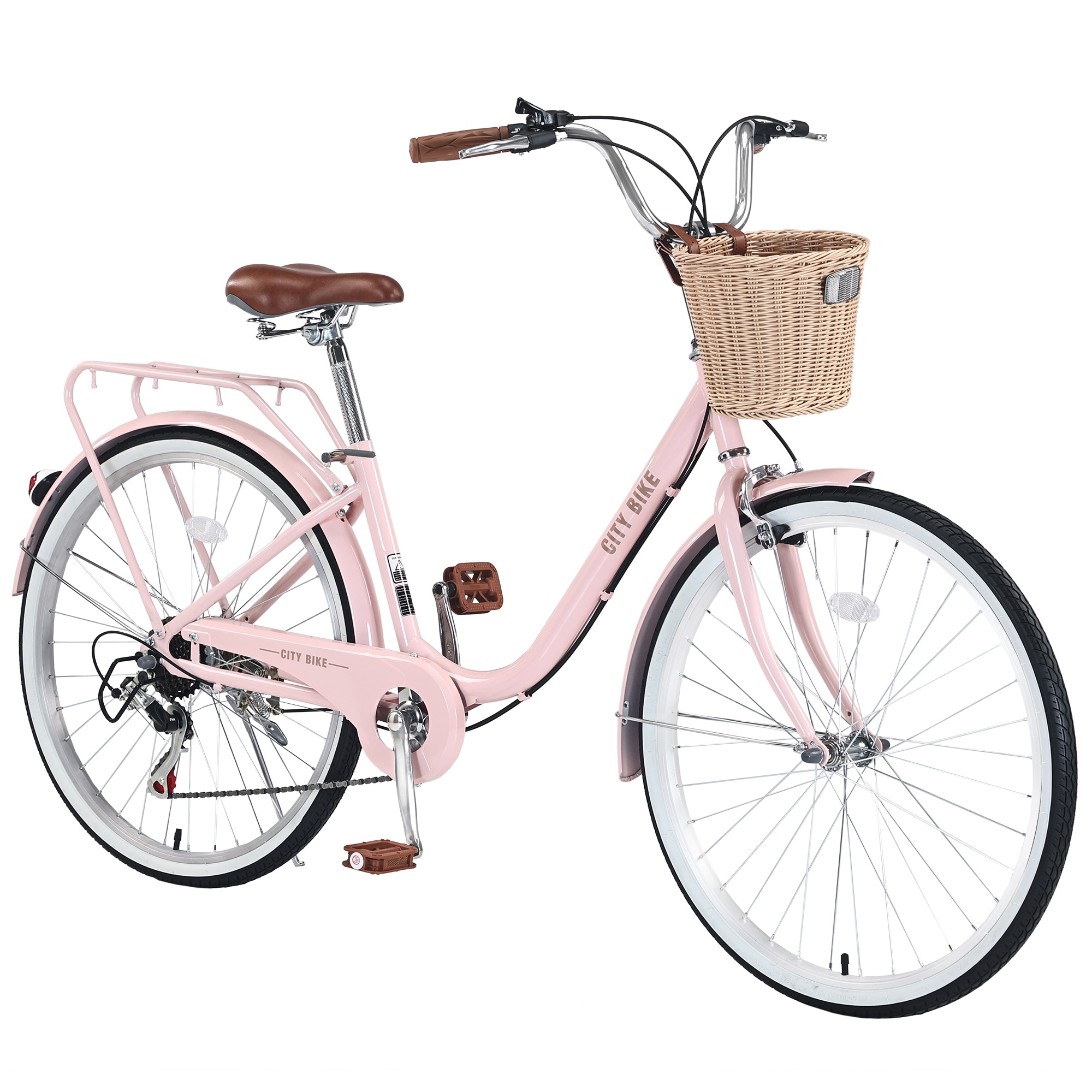7-Speed City Bike for Women with Basket, 26 Inch Steel Frame, Comfortable Grips, Shimano Shifter, Multiple Colors