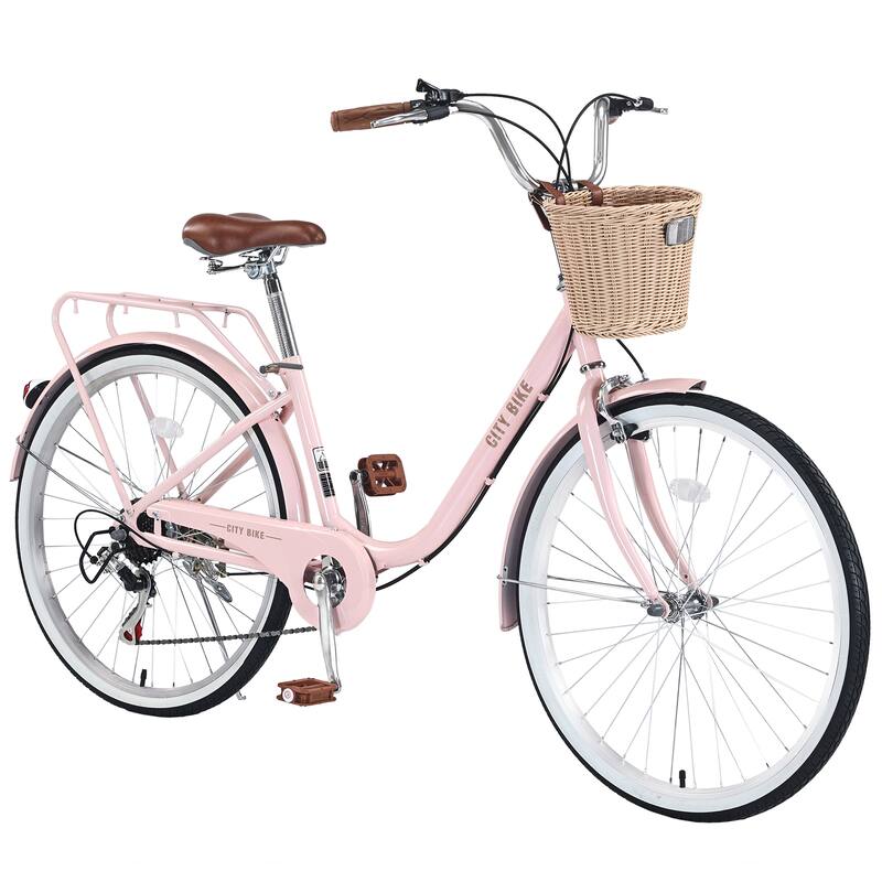 7-Speed City Bike for Women with Basket, 26 Inch Steel Frame, Comfortable Grips, Shimano Shifter, Multiple Colors