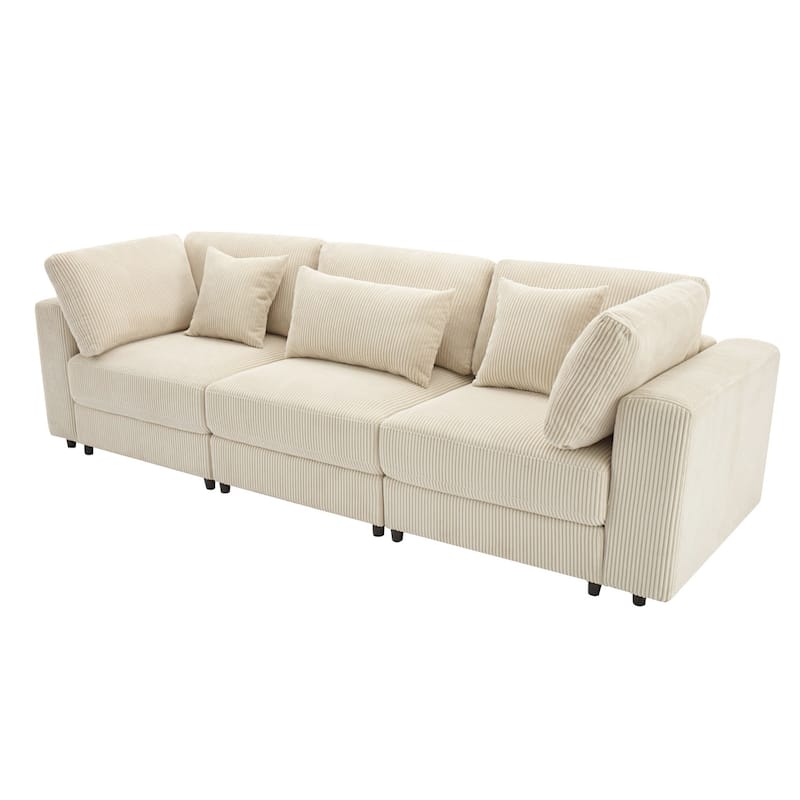 Beige 105" Corduroy Upholstered 3-Seater Sofa with Removable Back Cushions