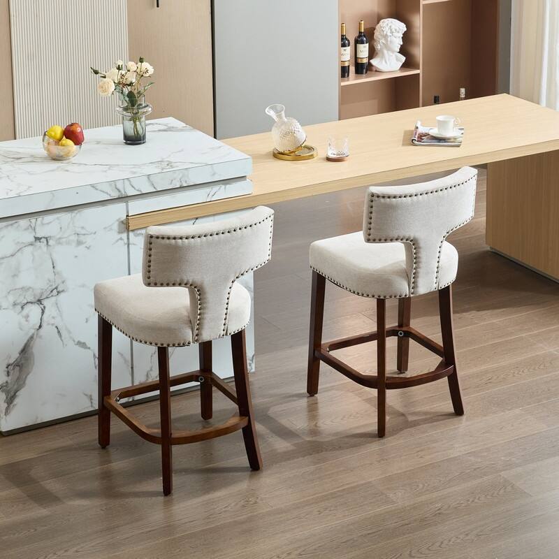 Counter Height Bar Stools Set of 2, Farmhouse Linen Fabric Upholstered Accent Chair Curved Backrest with Copper Nails around