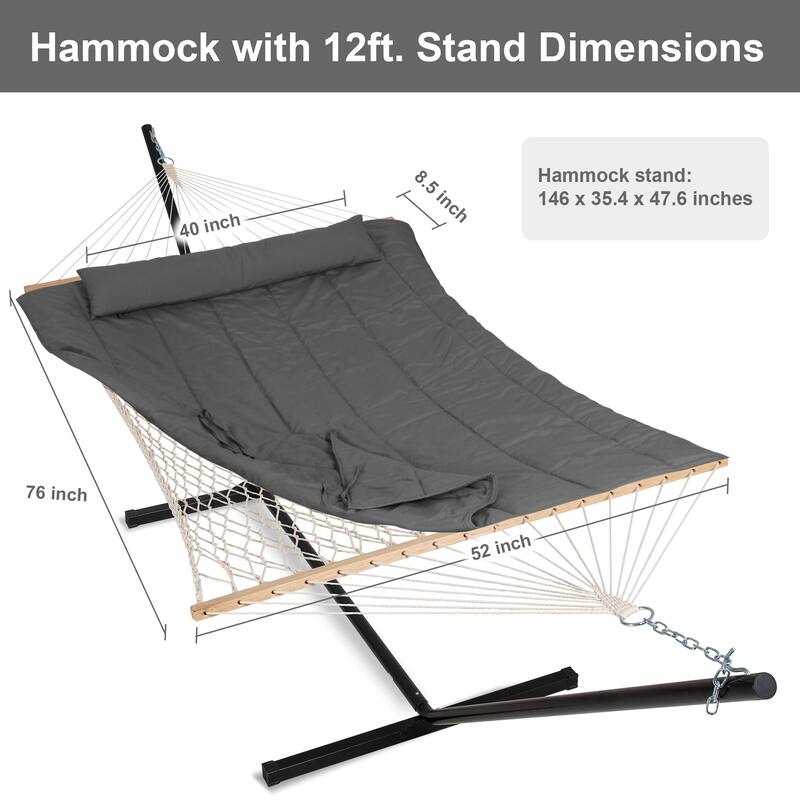 Rope Hammock with Detachable Pillow and Pad, 12FT Steel Stand Included