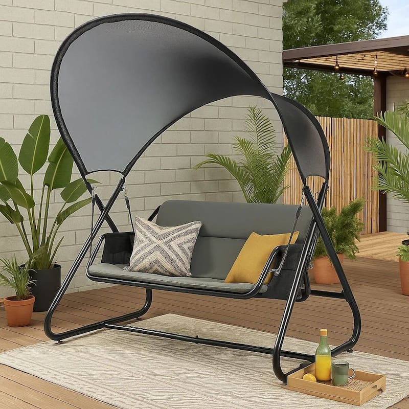 66 Inch Outdoor Swing Chair, Double Hanging, Sturdy Steel Frame, Black