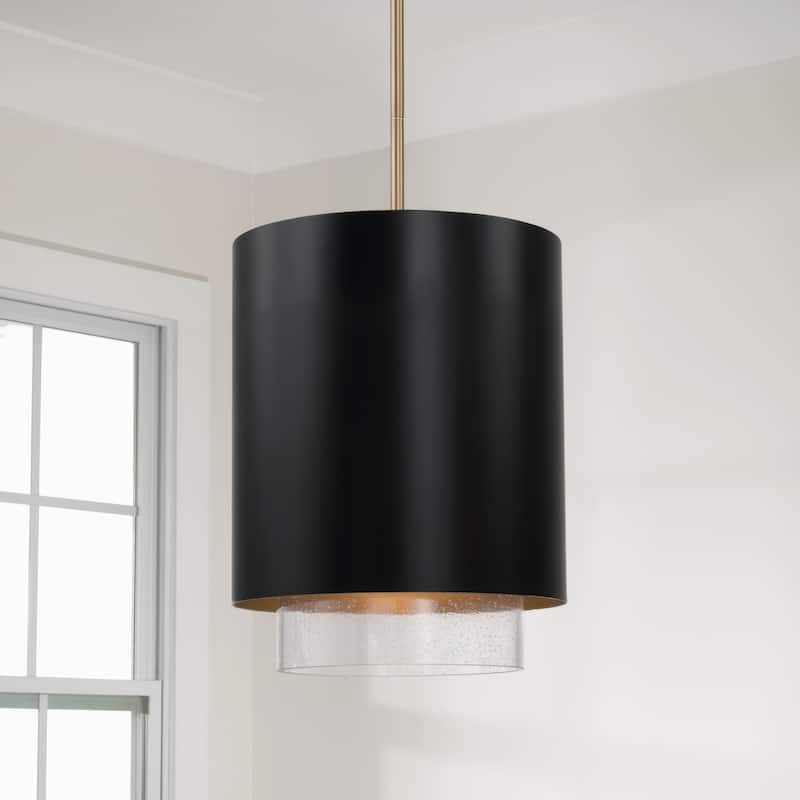 11.50"W x 19.50"H 1-Light Cylindrical Metal Pendant with Seeded Glass - 11.5"W x 19.5"H
