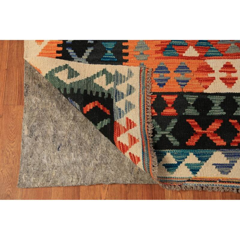 Geometric Kilim Area Rug Flatweave Oriental Orange Wool Carpet - 8'5"x 11'3"