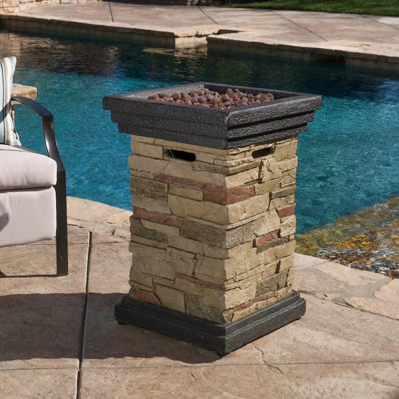 Roomfitters Outdoor Gas Fire Pit with Realistic Stone-Look Magnesium Oxide Column, Weather-Resistant Patio Heater, Beige - Grey