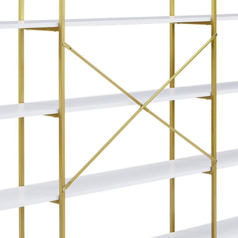 74.8 Inch 5 Tiers Office Bookcase Bookshelf, Display Shelf with Round Top, X Bar Gold Frame