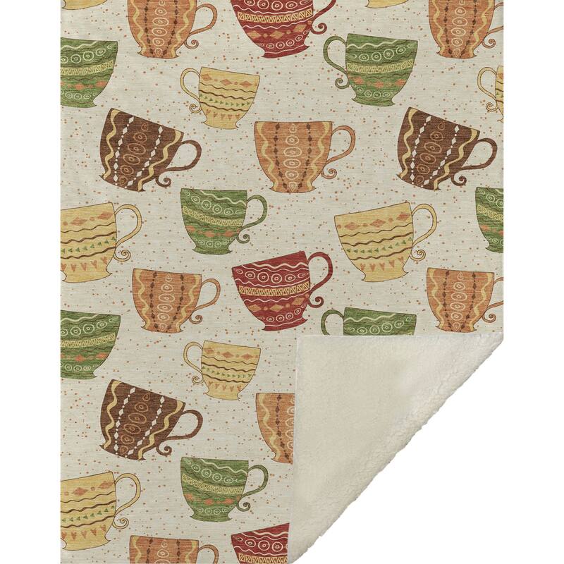 HomeRoots 50" X 70" Ivory Orange And Green Teacups Microfiber Plush Throw Blanket