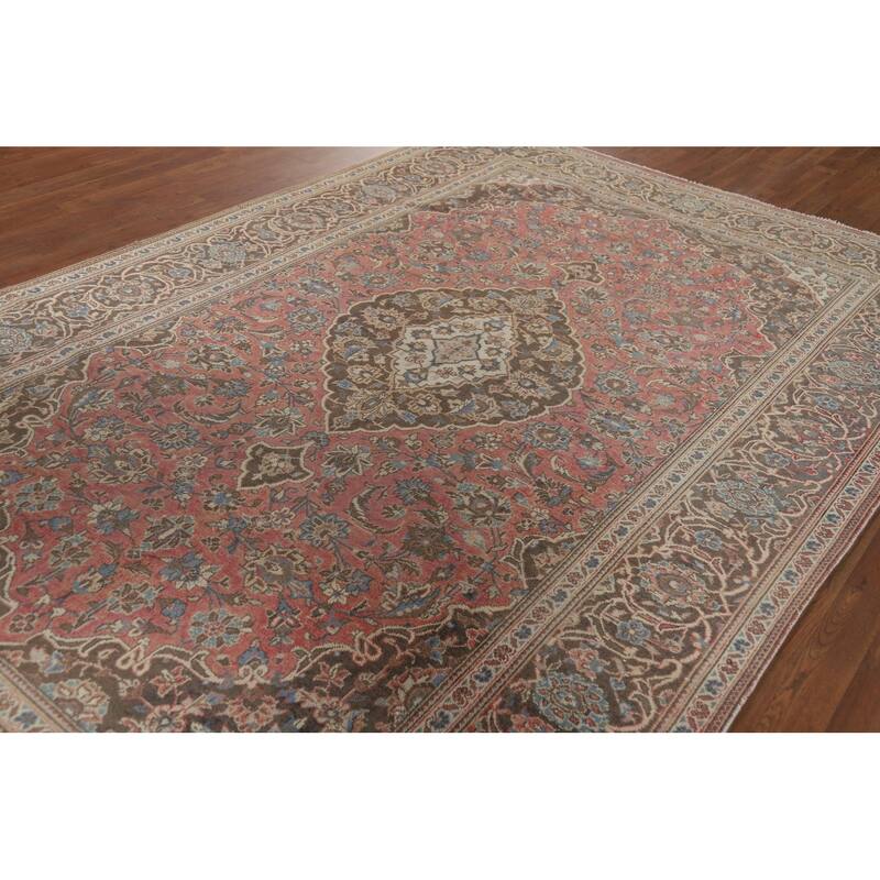 Pink Mashad Vintage Persian Area Rug Handmade Wool Carpet - 6'5" x 10'0"