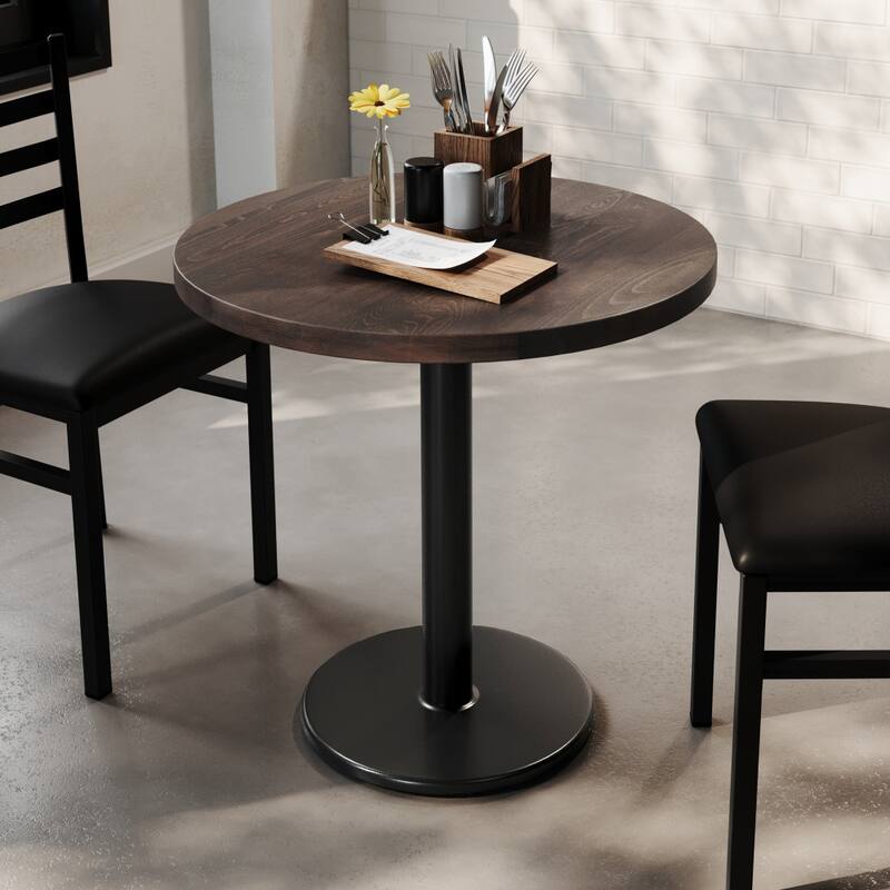 Round Solid Wood Commercial Tabletop with 18" Round Dining Height Base - 30"W x 30"D x 29.5"H - Dark Brown Top/Black Base
