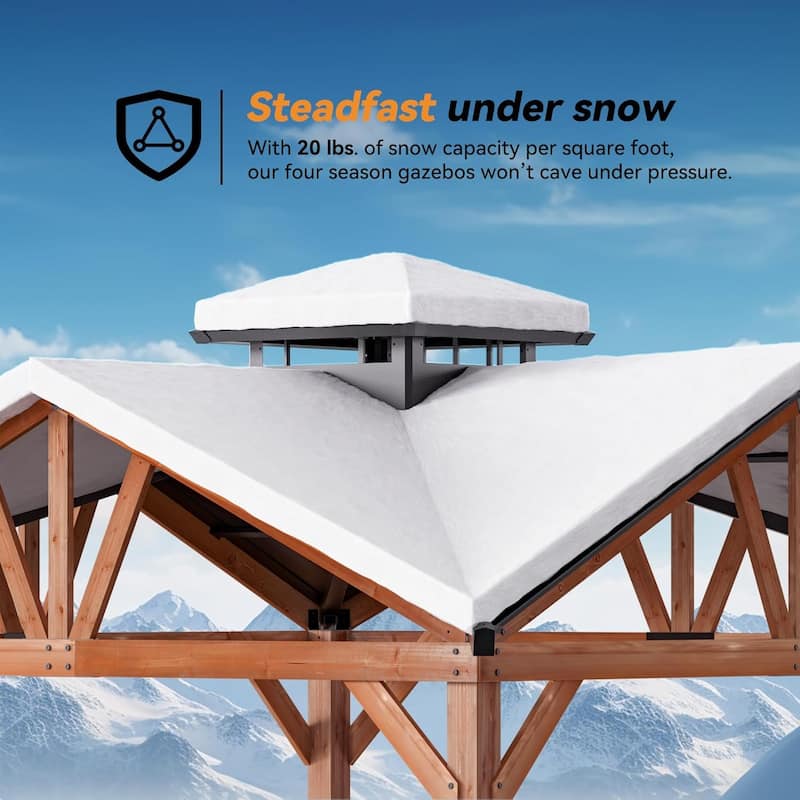 Cedar Wood Gazebo 12’ x 12’, Heavy Duty Hardtop Gazebo with Steel Roof, Water Resistant, Wind Resistant