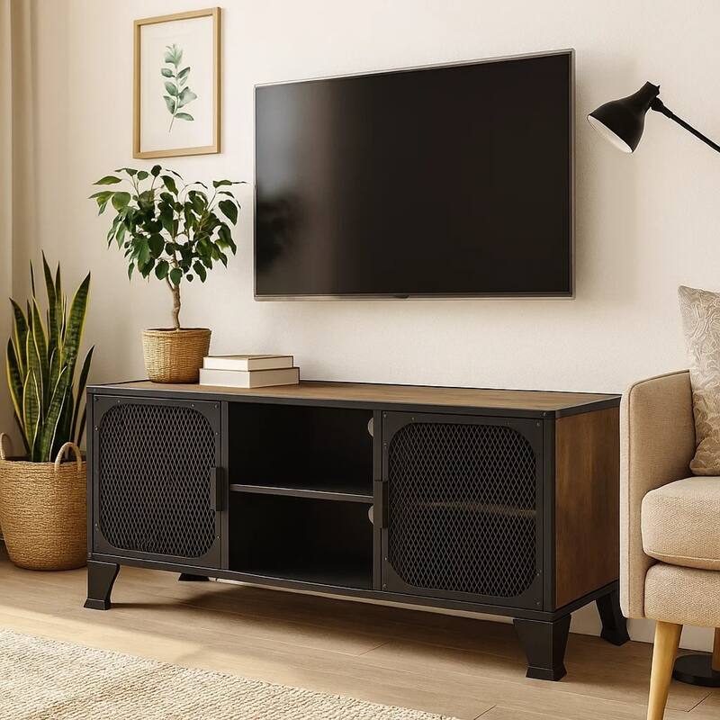 Andy TV Stand Media Cabinet, 2 Doors, 1 Shelf, 41 Inch Brown and Black