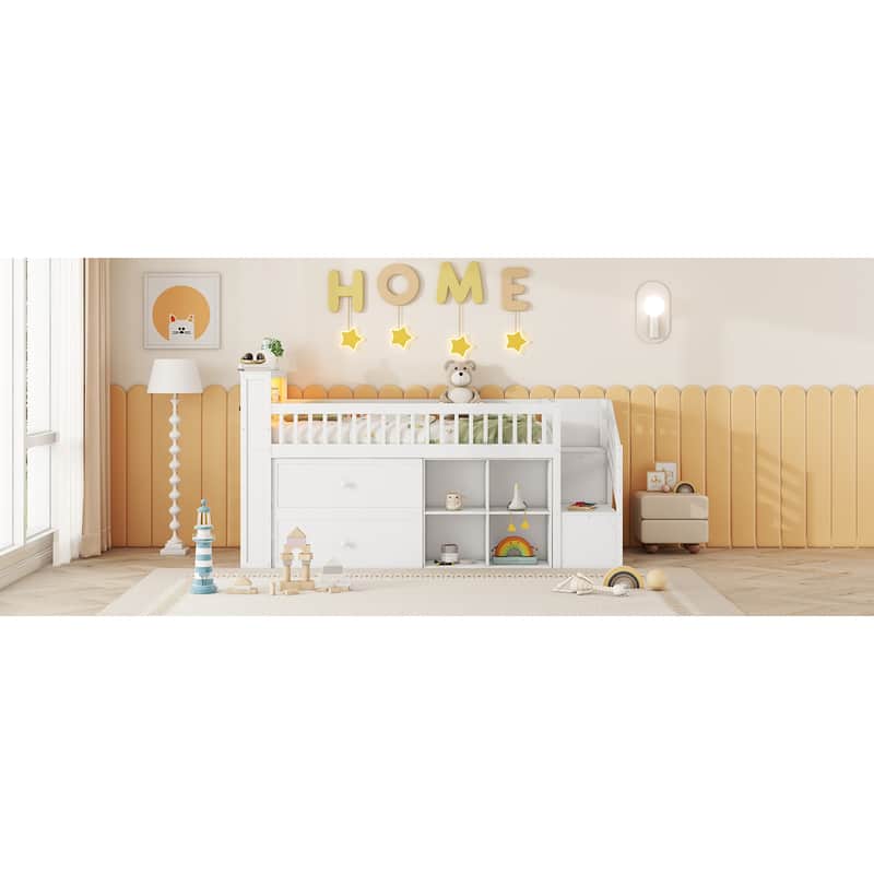 Roomfitters Twin Low Loft Platform Bed, LED Bookshelf and Storage Drawers with Wooden Frame for Bedroom or Guest Room, White