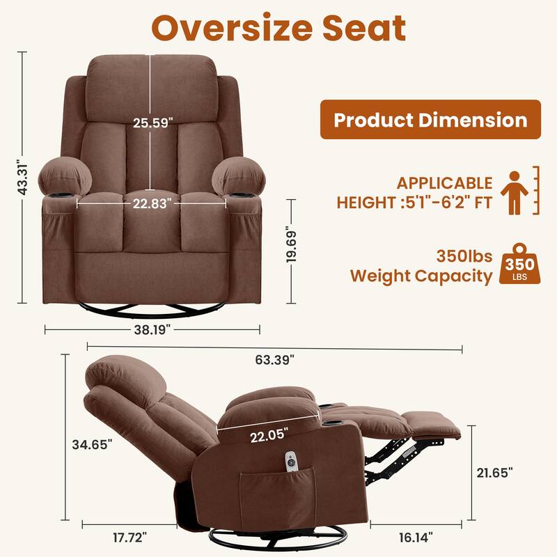 Swivel Rocker Recliner with Vibration Massage Heat USB Port Cup Holders