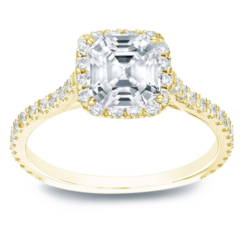 Auriya 14k Gold 1 1/2ctw Asscher-cut Halo Diamond Engagement Ring Certified (E-F, VVS1-VVS2) - Yellow - 4