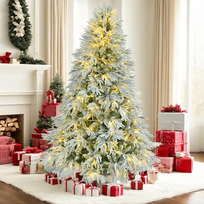 6FT/7.5FT Pre-Lit Snow Flocked Artificial Christmas Tree with LED Lights and Winter Wonderland Design for Holiday Decor