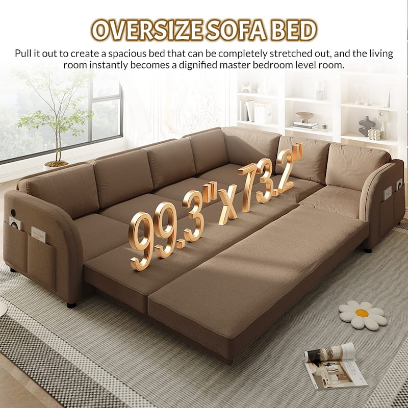 Sectional Sleeper Sofa with Pull Out Bed, Convertible Teddy Fabric Couch with Side Pockets & USB Ports, L Shaped Modular Couches