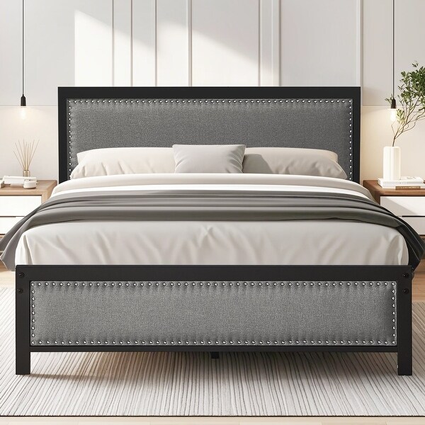 VECELO Bed Frame with Upholstered Linen Headboard and Footboard Heavy Duty Platform with Strong Metal Slats On Sale Bed Bath Beyond 38245010