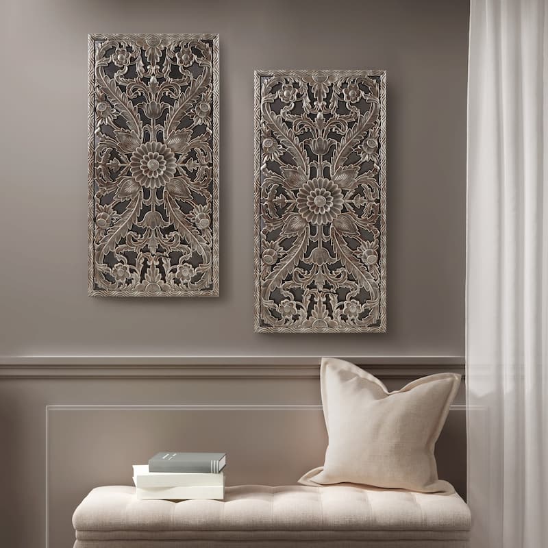 Madison Park Botanical Distressed Carved Wood Wall Decor (Set of 2)