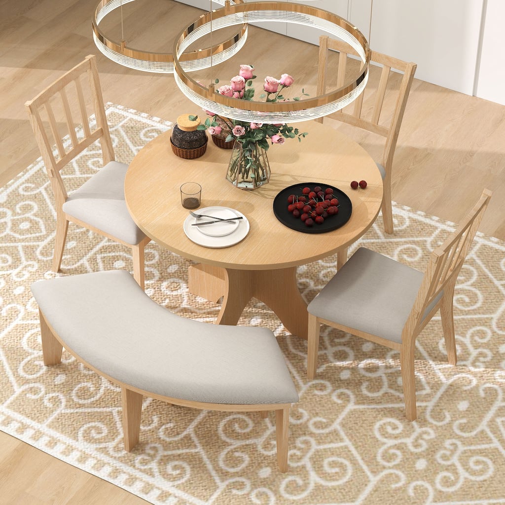 5-piece Rustic Charm Round Dining Set with 3 Upholstered Chairs and Curved Bench