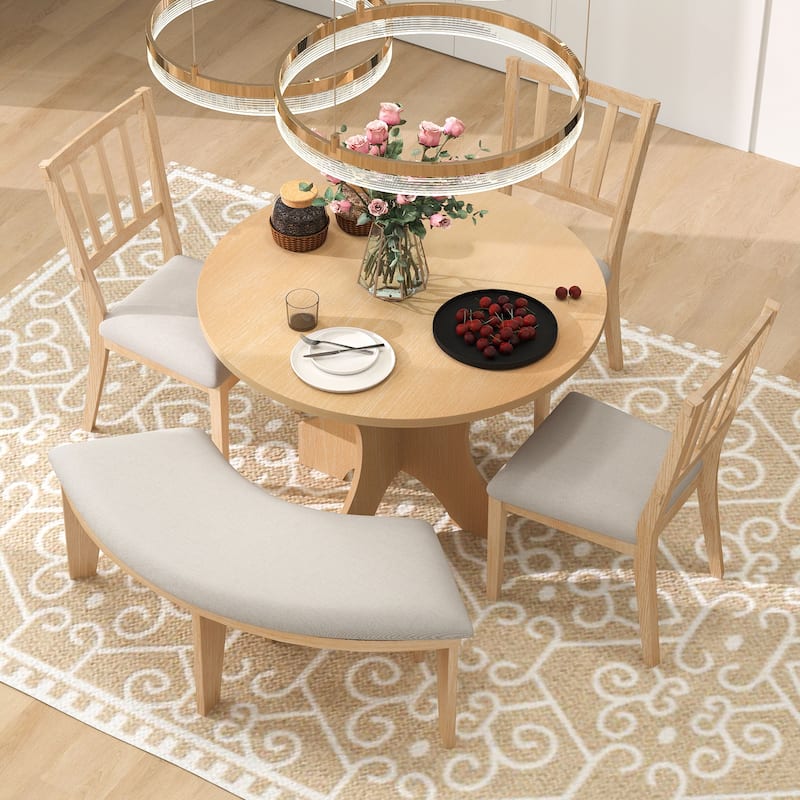 Rustic 5-piece Round Dining Set with Upholstered Chairs and Curved Bench for Cozy Family Gatherings - Natural