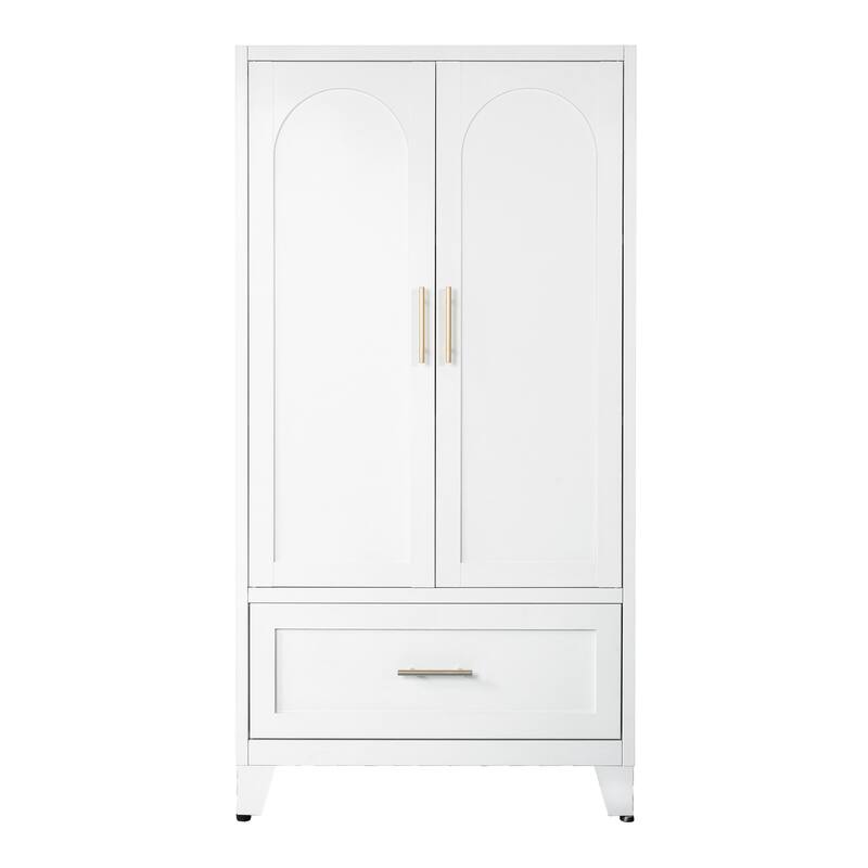 60" Tall Metal Wardrobe Cabinet with 1 Drawer and Hanging Rod, 2 Doors Wardrobe Closet with Shelf