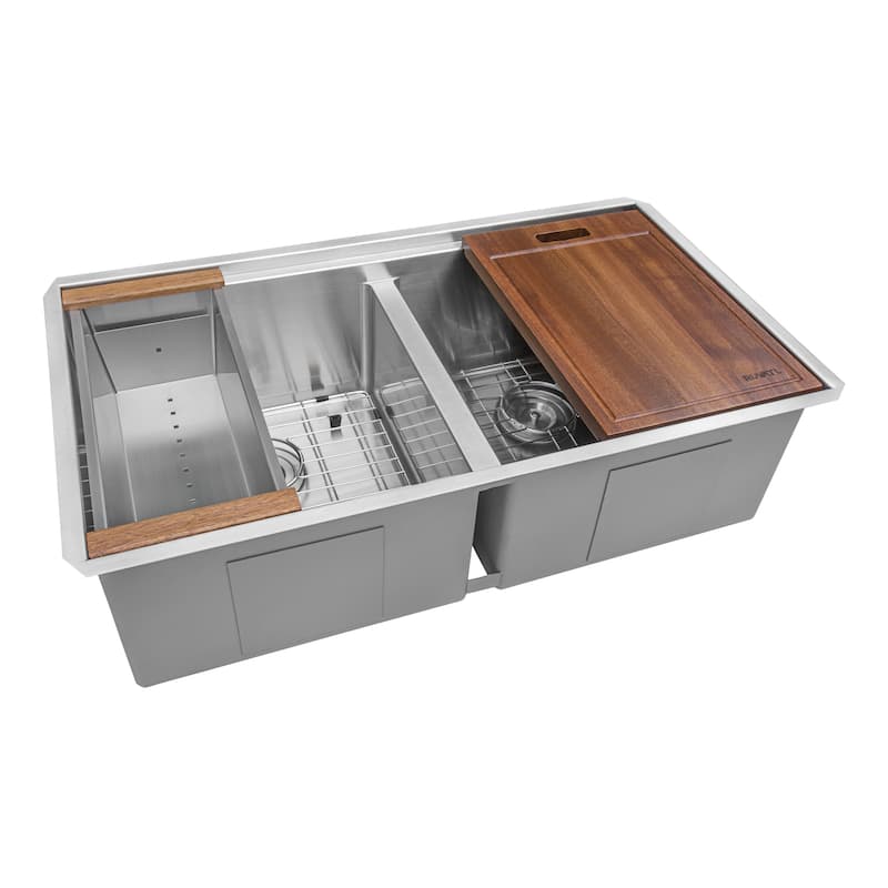 Ruvati 33-inch Workstation Ledge 50/50 Double Bowl Undermount 16 Gauge Stainless Steel Kitchen Sink - RVH8351 - 33" x 19"
