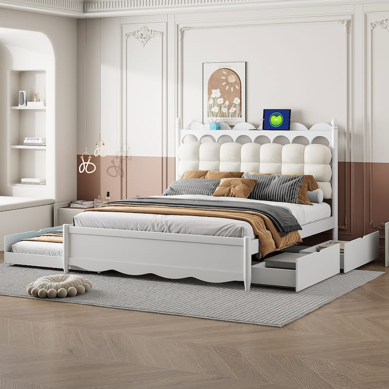 Queen Size Wooden Platform Bed with Sockets and USB Ports, Solid Pine Wood Storage Bed Frame with 2 Drawers and Twin XL Trundle