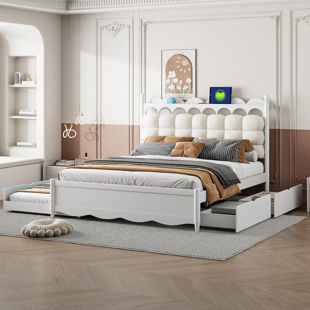 Queen Size Wooden Platform Bed with Twin-XL Size Trundle USB Ports Bedroom Storage Platform Bed with 2 Big Drawers