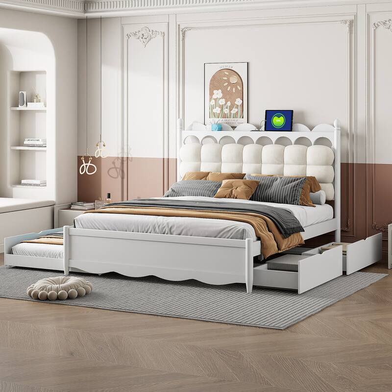 Queen Size Wooden Storage Platform Bed with 2 Drawers, Trundle, USB Ports & Sockets, White