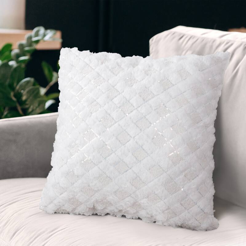 Checker Embroidered Pillow with Sequins - White