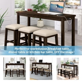 4 Pieces Counter Height Dining Table Set with 3 Padded Bar Stools & USB ...