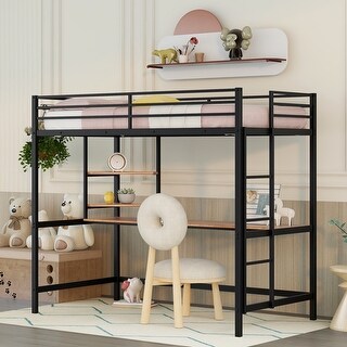 Black Twin Size Metal Loft Bed with Desk, Ladder and Shelve for Kids, Teens, Girls, Boys
