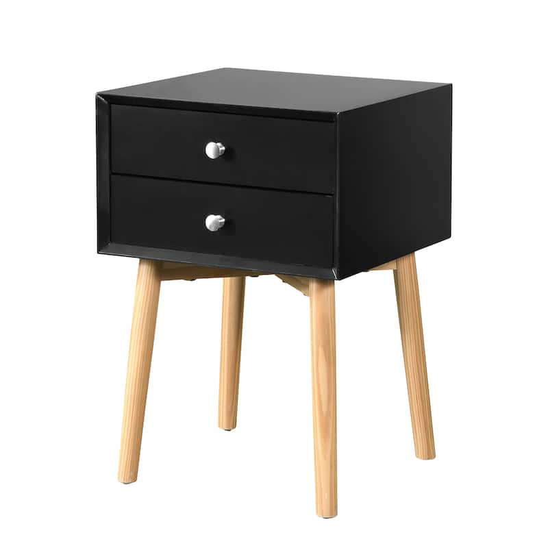 Mid-Century Modern Black Bedside Table with 2 Drawers and Rubber Wood Legs