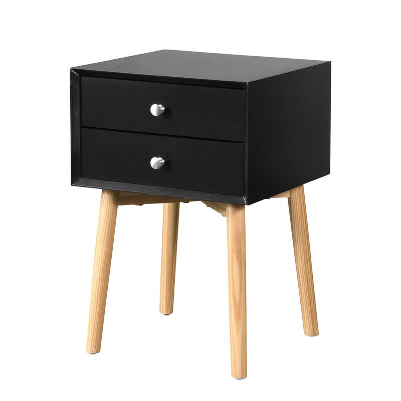 Nightstand with Double Drawers and Rubber Wood Legs, Mid-Century Modern Design
