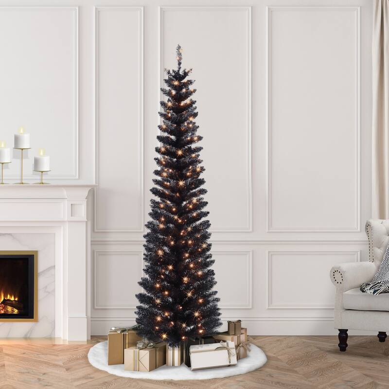 Puleo International 6 ft. Pre-Lit Black Tinsel Artificial Tree - Black
