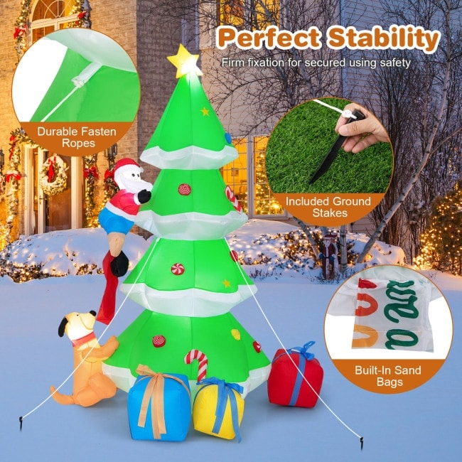 7 Feet Inflatable Christmas Tree with Santa Claus and Dog - 5.6 ft x 4 ft x  7 ft (L x W x H)