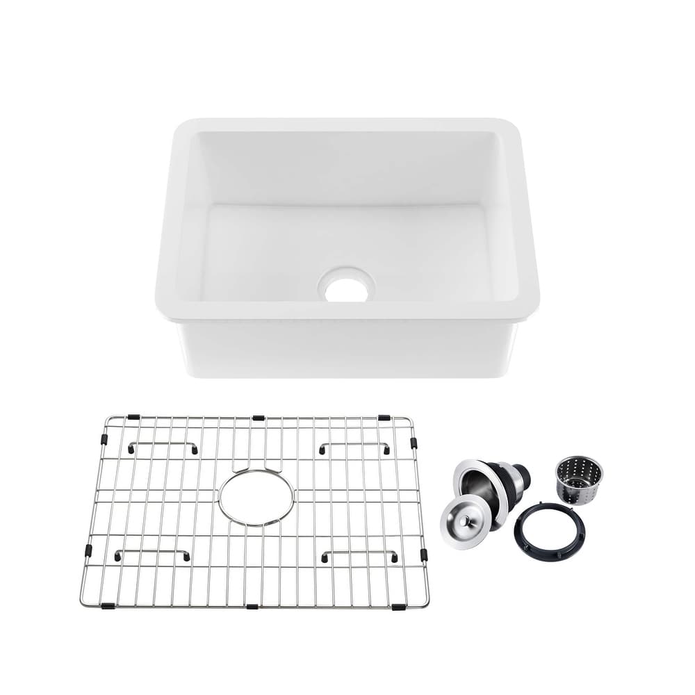 White Fireclay Farmhouse Undermount Kitchen Sink with Bottom Grid and Strainer