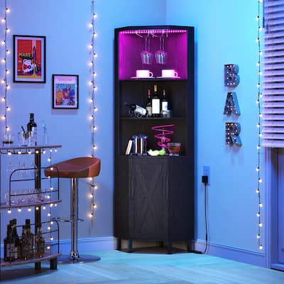 Bar Corner Liquor Cabinet Wine Storage Stemware Rack with LED Light