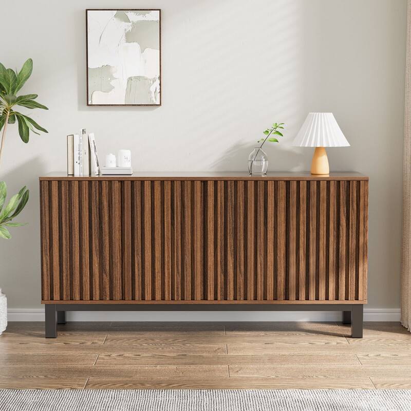 Fluted Sideboard Buffet Cabinet with 4 Doors, Modern Storage Credenza with Adjustable Shelves for Dining Room & Entryway
