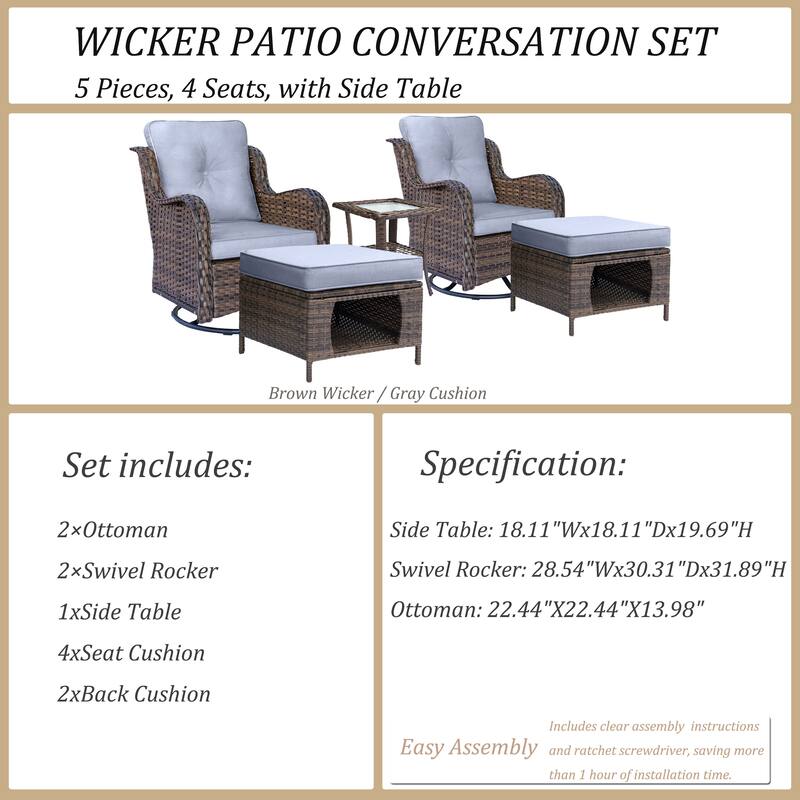 5 Piece Outdoor Wicker Patio Furniture Swivel Chair with Ottoman Set